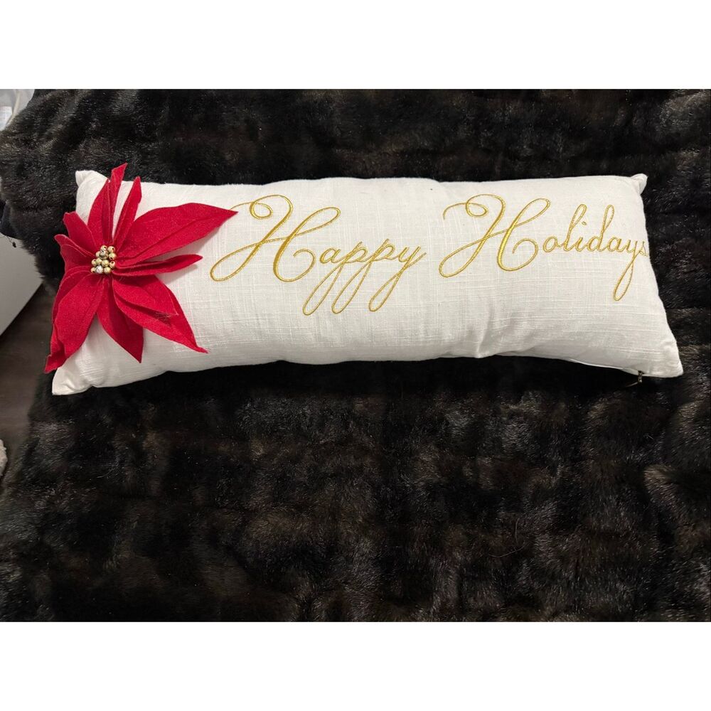 Pier 1 Happy Holidays Christmas Pillow Embroidered Felt Poinsettia 28.5” Long
